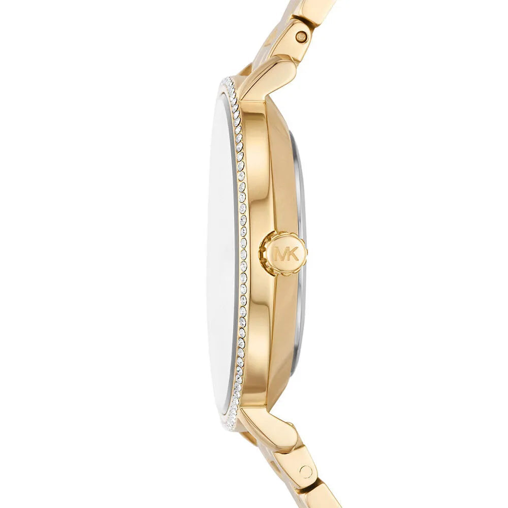Side view of Michael Kors MK1065 watch showing crystal-set bezel and gold steel bracelet