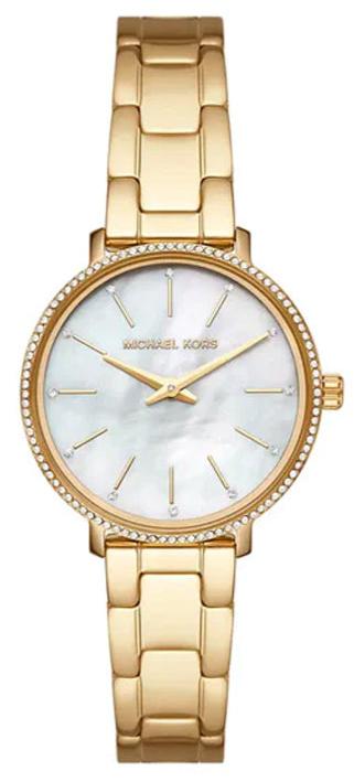 Michael Kors MK1065 women's watch with mother of pearl white dial, crystal bezel, and gold steel strap