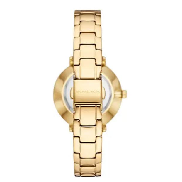 Caseback view of Michael Kors MK1065 watch showing gold steel bracelet and case back
