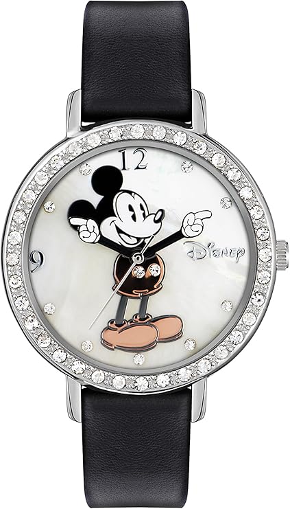 Michael Kors Mickey Mouse women's watch with diamond bezel, white dial, and black leather strap