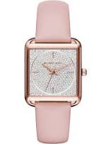 Michael Kors Lake Pavé rose gold-tone watch with crystal-embellished square dial and pink leather strap