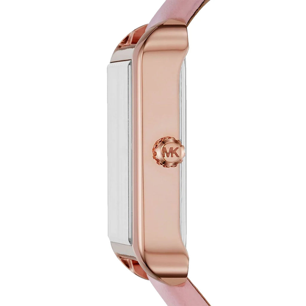 Michael Kors Lake Pavé watch side view showing rose gold case with MK logo and pink leather strap