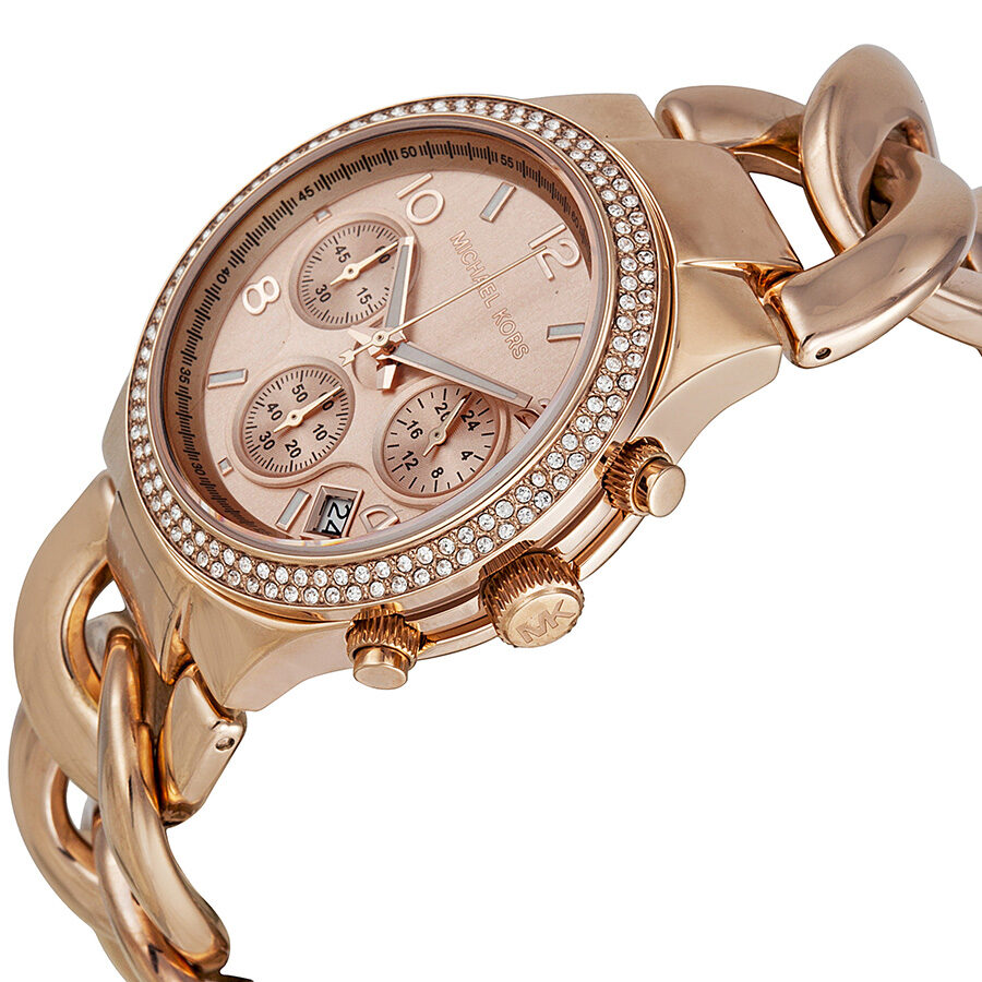 Michael Kors MK3247 chronograph watch angled side view showing dial and chain-link bracelet