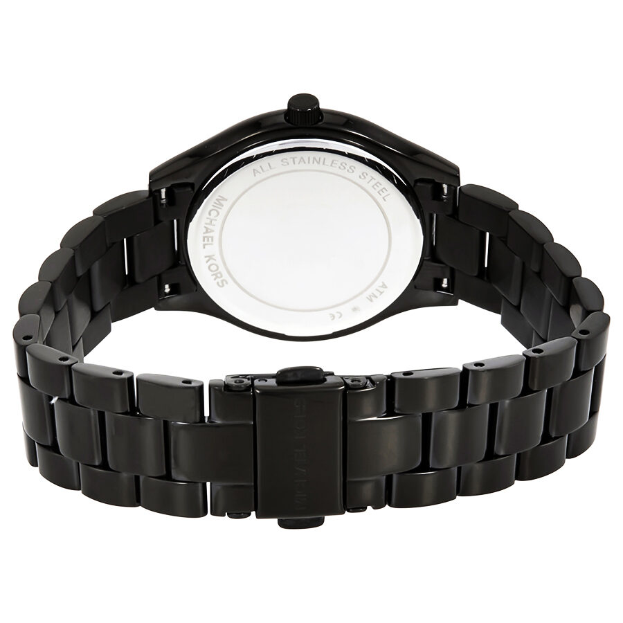 Michael Kors MK3587 stainless steel caseback view with black bracelet