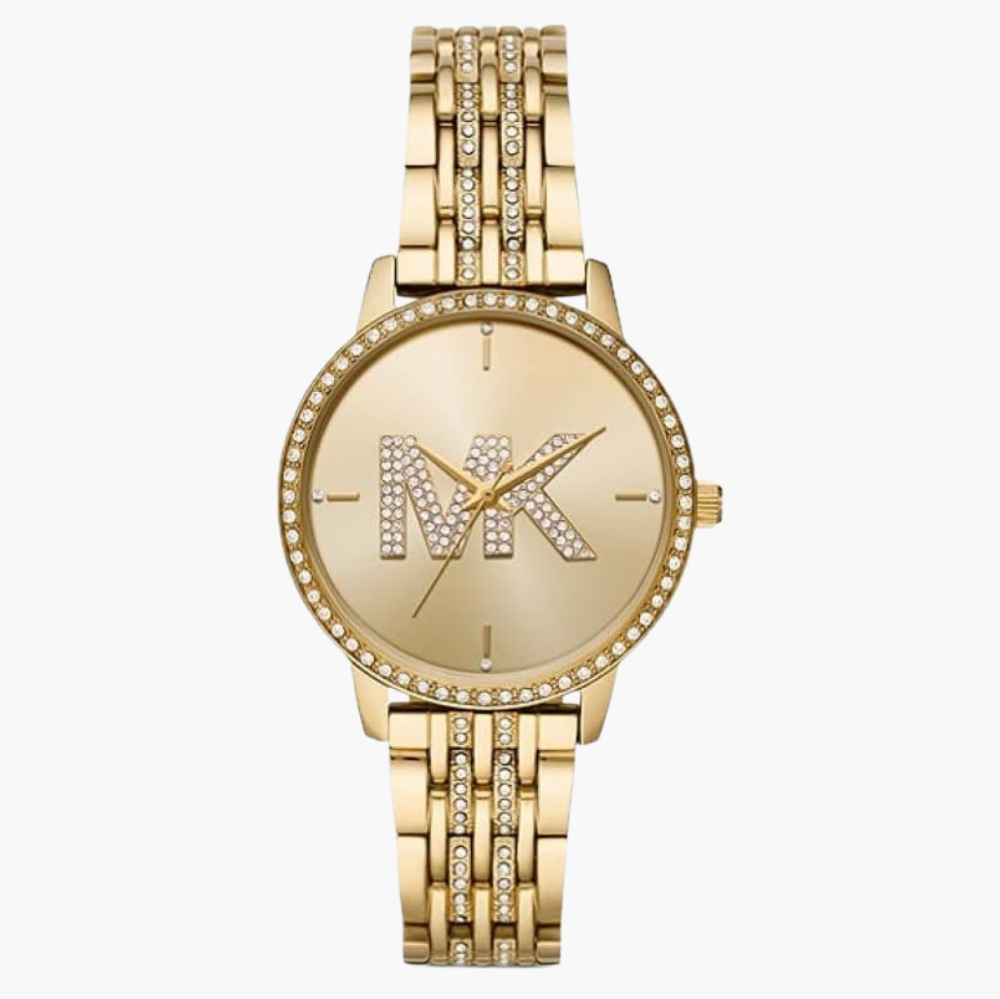 Michael Kors Melissa gold-tone women's watch with pavé MK logo dial and crystal bezel