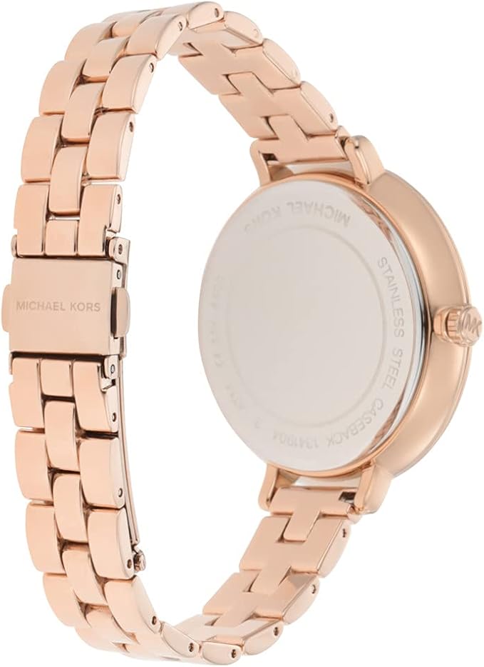 Michael Kors MK4400 angled view of rose gold watch with diamond bezel and bracelet