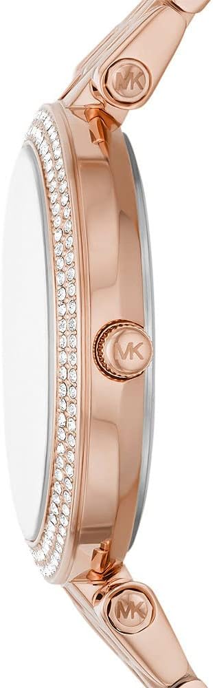 Michael Kors MK4592 side view showing case thickness, crystal bezel, and MK logo on bracelet