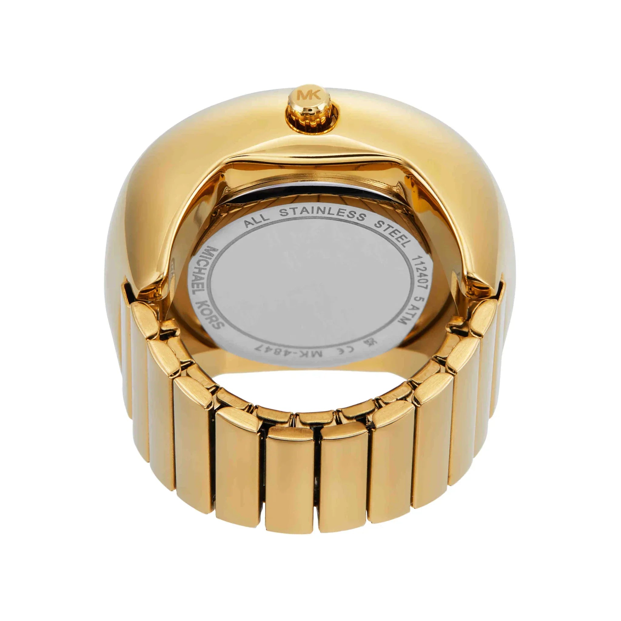 Back view of gold watch ring showing stainless steel band with MK logo detail