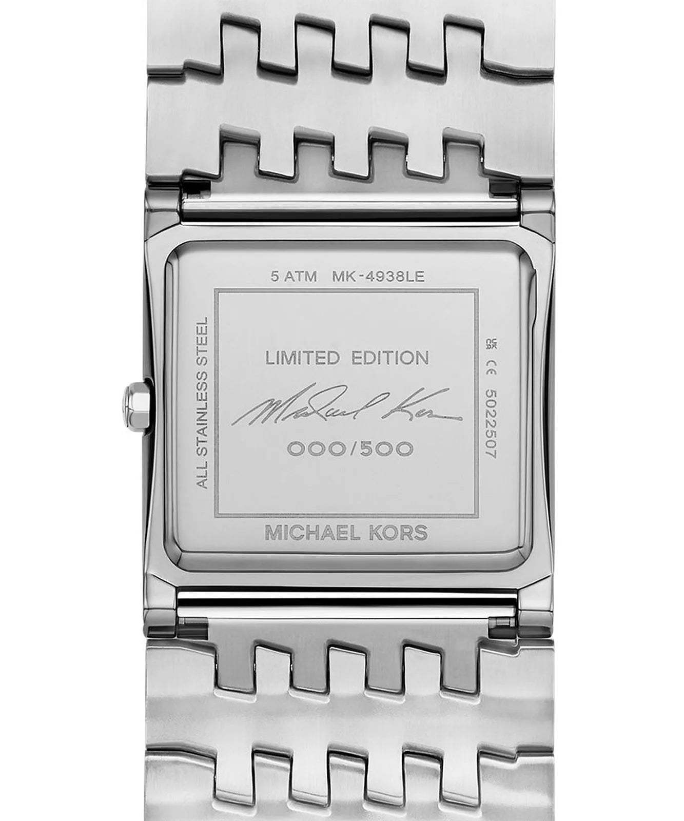Michael Kors MK4938LE case back showing 5 ATM water resistance and Limited Edition 000/500 marking