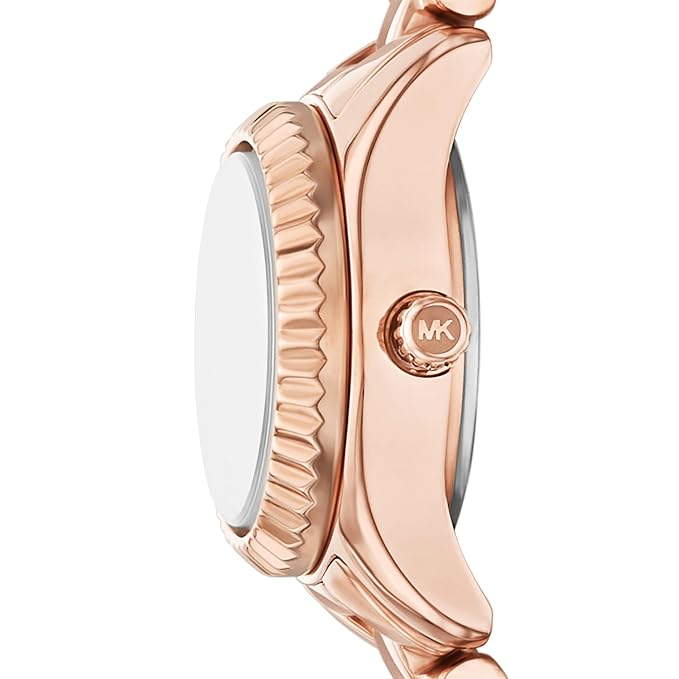 Side profile of Michael Kors MK4948 watch with rose gold case and bezel detail