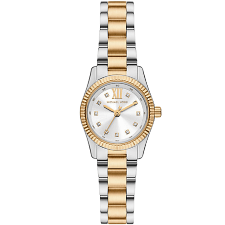Michael Kors MK4953 Mini Lexington two-tone women's watch with silver and gold stainless steel bracelet and white crystal dial