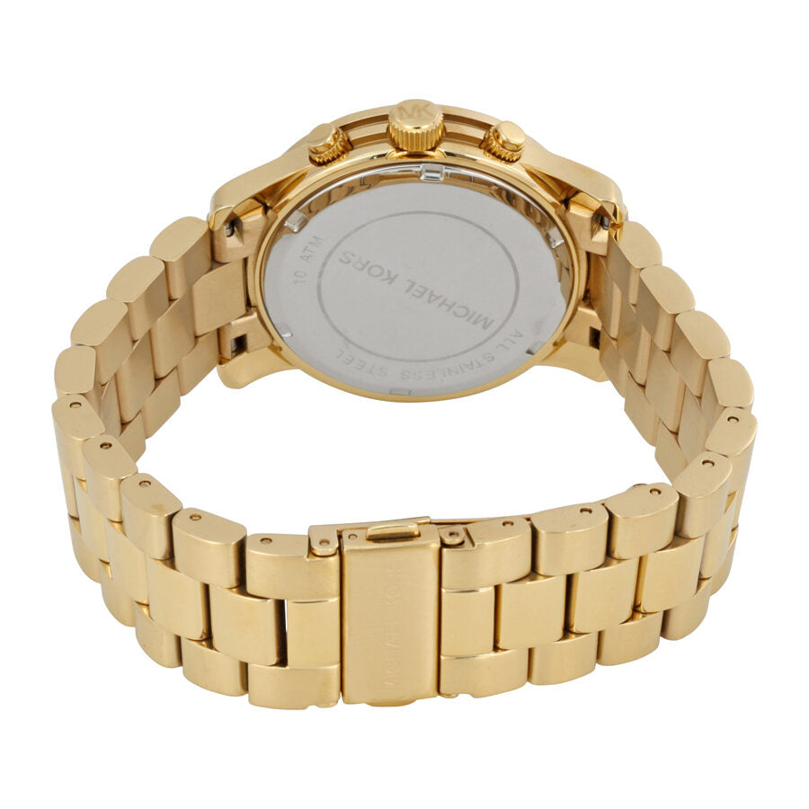 Michael Kors MK5055 watch caseback showing gold tone stainless steel back with engraved branding