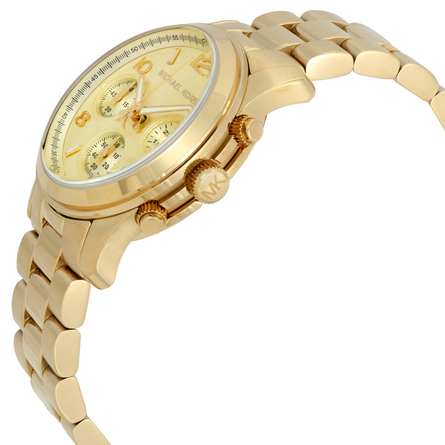 Michael Kors MK5055 watch angled view showing gold bracelet and three chronograph subdials