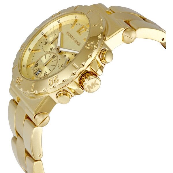 Michael Kors MK5313 chronograph watch shown at side angle with champagne dial and gold case