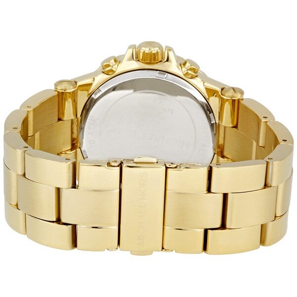 Back view of Michael Kors MK5313 watch showing gold case back and link bracelet