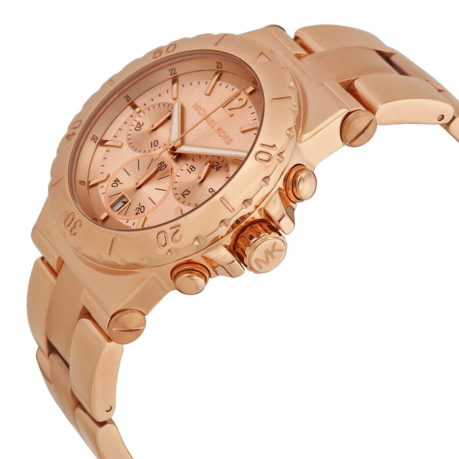Michael Kors MK5314 angled view showing rose gold case, chronograph pushers, and bracelet