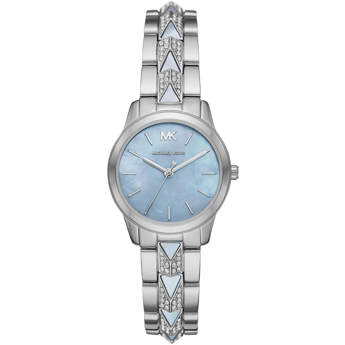 Michael Kors Runway Mercer MK6857 watch featuring blue mother of pearl dial and crystal-embellished steel strap