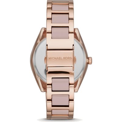 Caseback of Michael Kors MK7135 Janelle watch showing rose gold and ceramic band