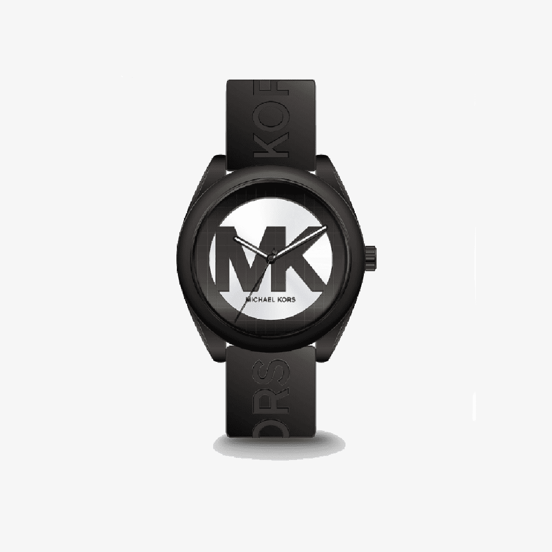 Michael Kors Slim Runway MK7138 watch with MK logo on white dial and black rubber strap