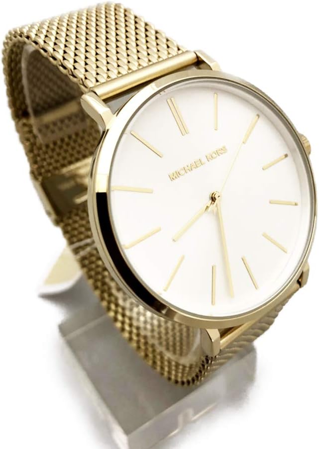 Michael Kors MK7150 three hand watch with gold case and mesh band side view
