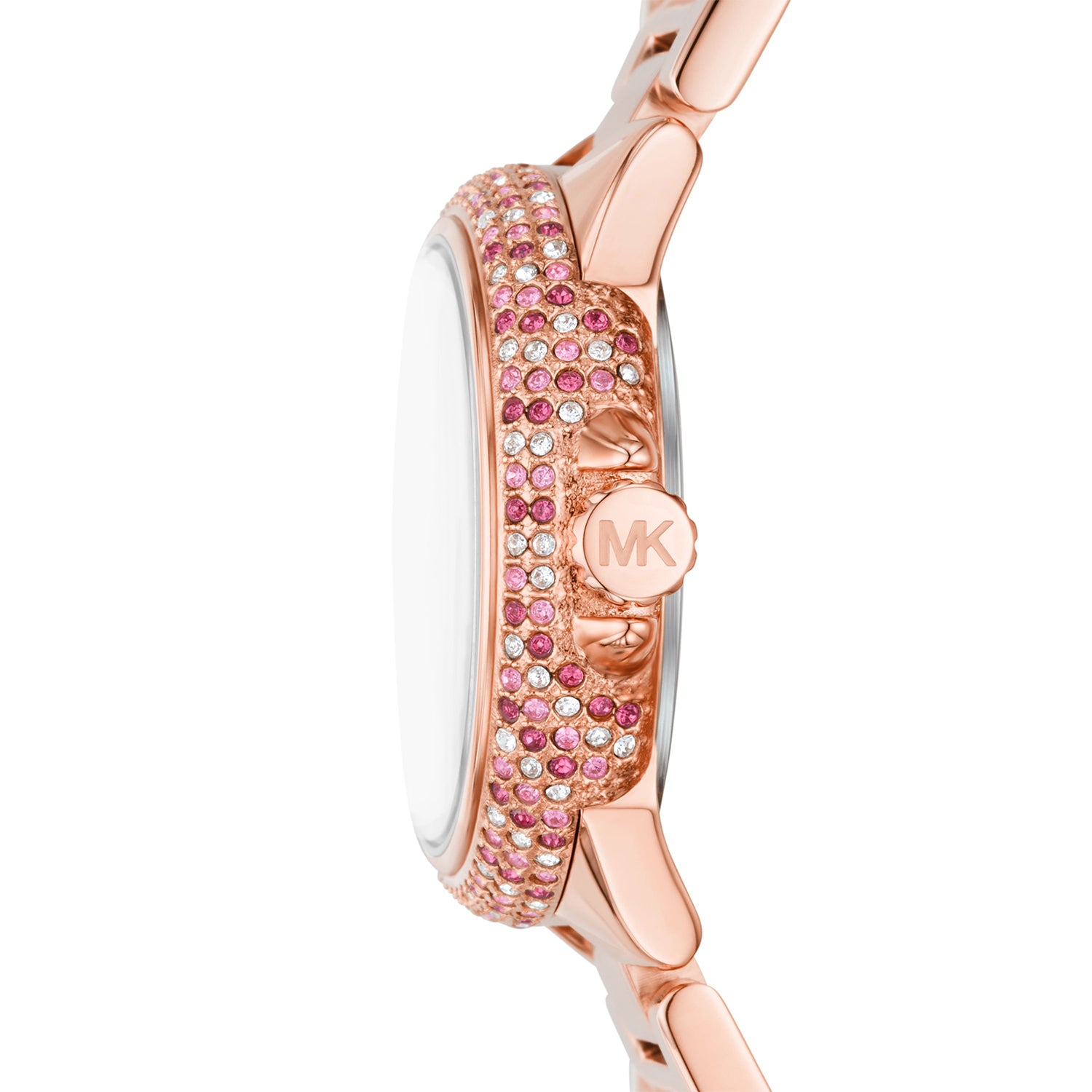 Side view of Michael Kors MK7273 showing crystal-set bezel and rose gold-tone case with MK logo