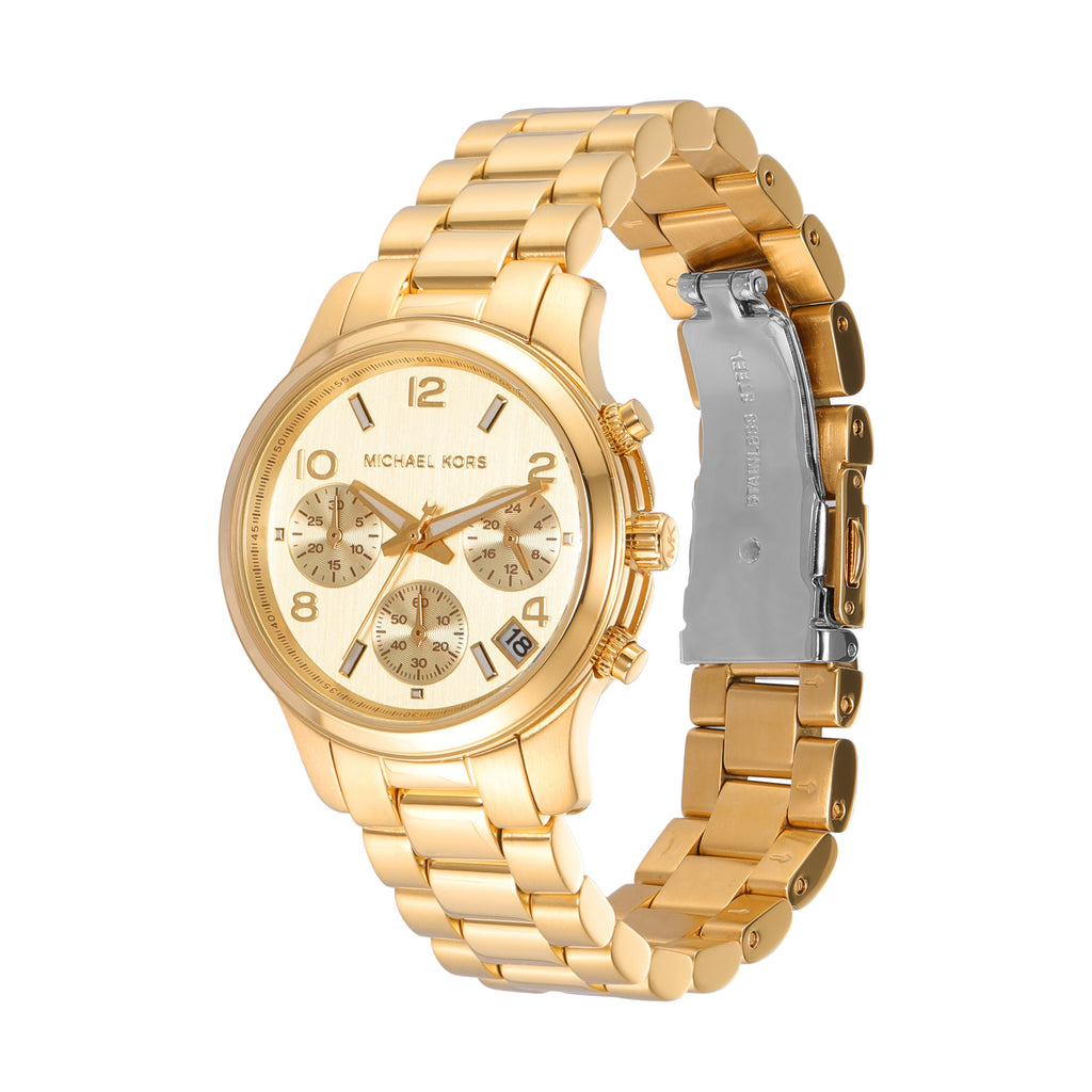Side angle view of Michael Kors Mini Runway Chronograph gold watch with visible chronograph subdials