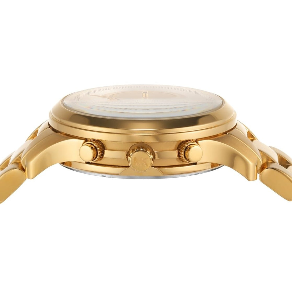 Close-up detail of dial showing chronograph subdials and pushers on gold-tone case