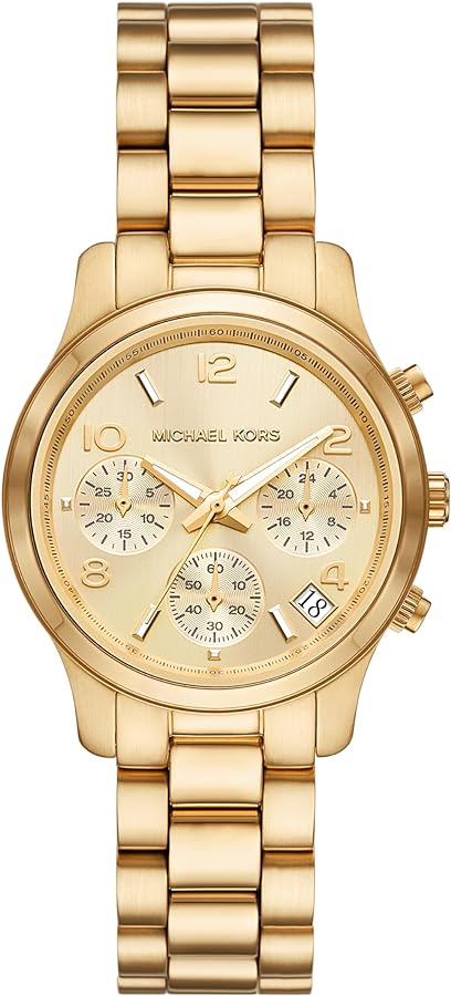 Michael Kors Mini Runway Chronograph gold-tone watch with three subdials and gold bracelet strap