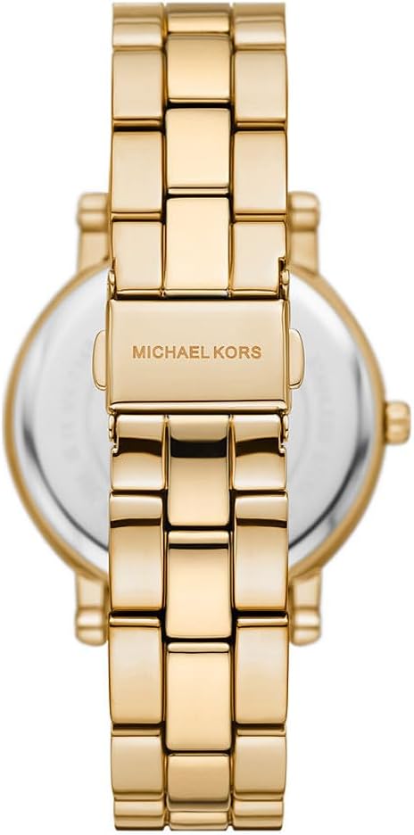 Michael Kors MK7345 case back showing gold bracelet and engraved text