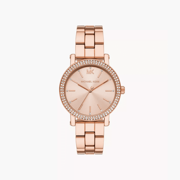 Michael Kors MK7346 rose gold women's watch with crystal-studded bezel and rose gold link bracelet