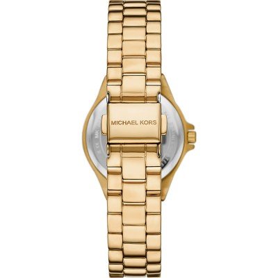 Caseback view of Michael Kors Lennox MK7395 gold-tone watch with link bracelet