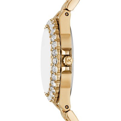 Side view of Michael Kors Lennox MK7395 showing crystal bezel and gold bracelet