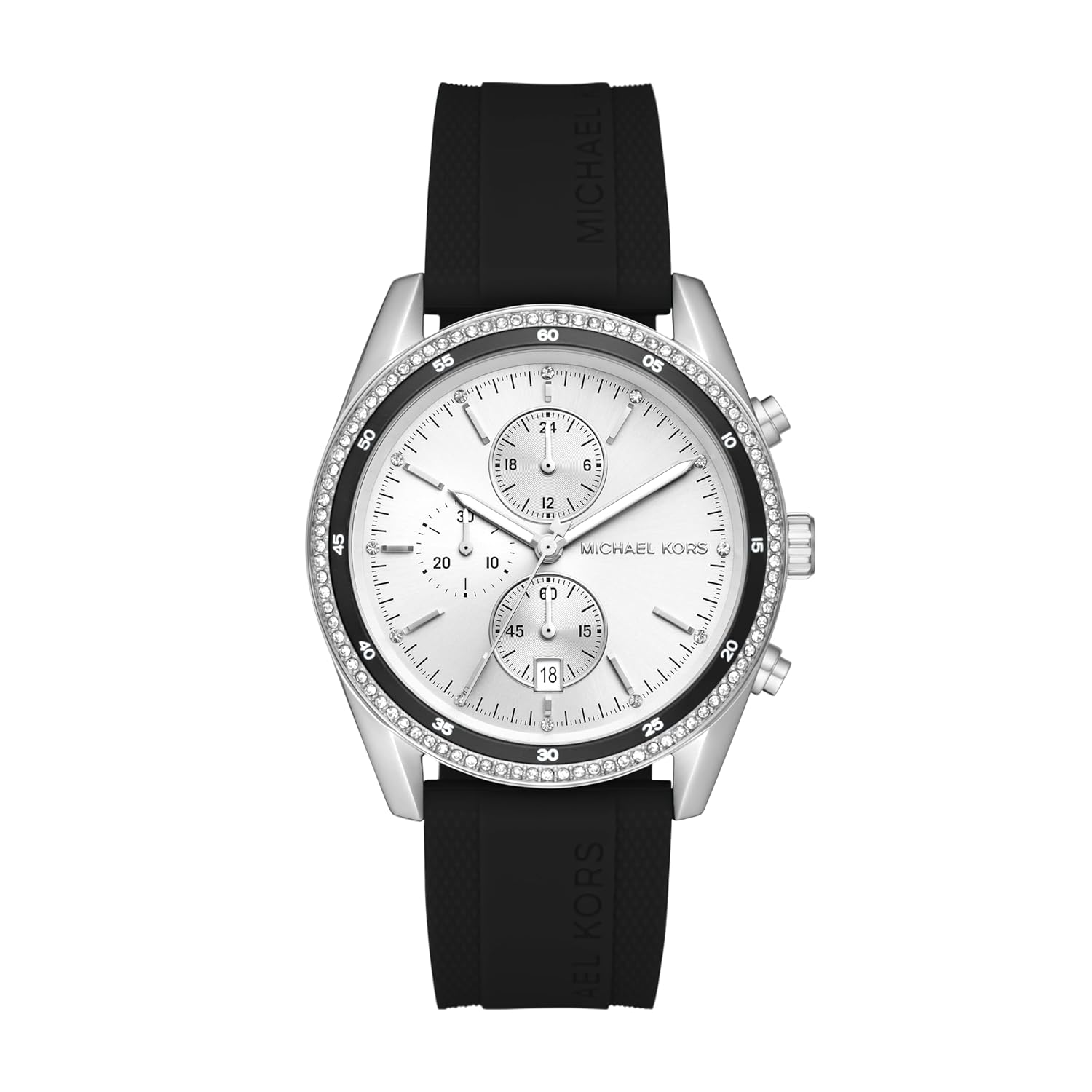 Michael Kors MK7486 chronograph watch with silver dial and black rubber strap