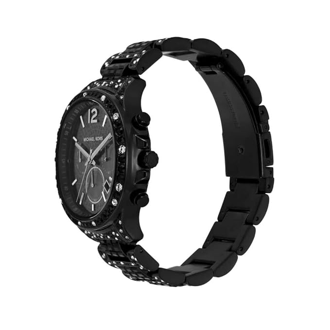 Side angle view of MK7490LE black chronograph watch with crystal-studded bracelet and case