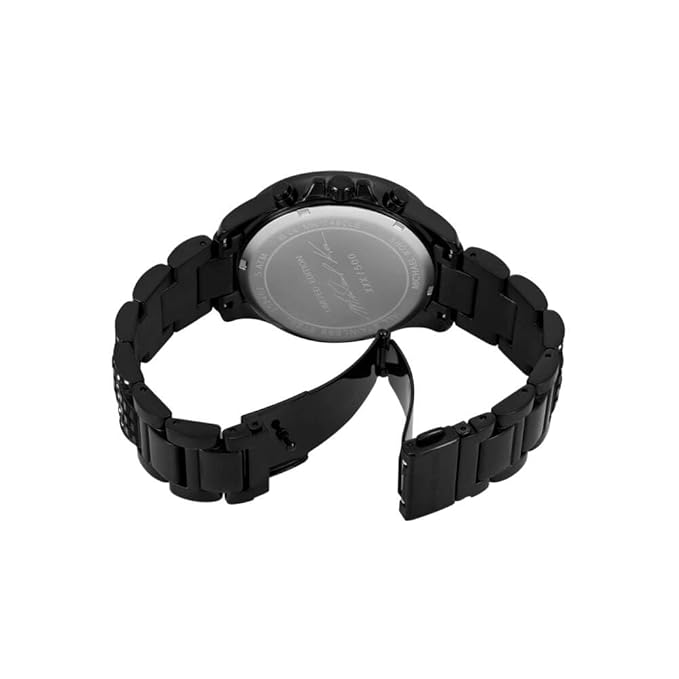 Rear view of MK7490LE watch case back and black-tone metal bracelet
