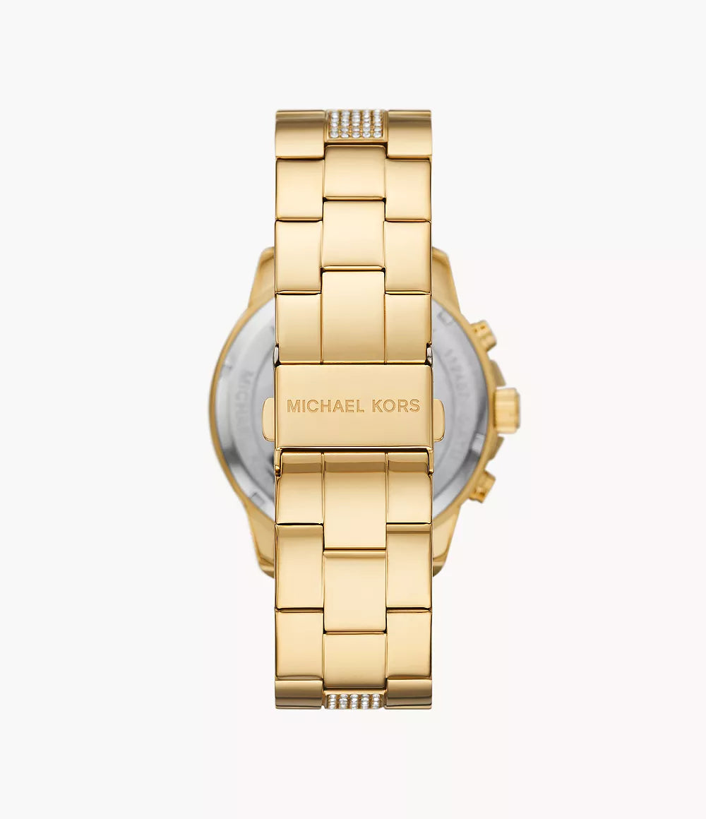 Michael Kors MK7504 caseback showing gold bracelet and engraved case back