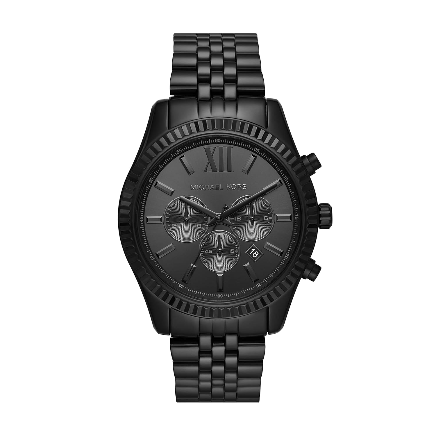 Michael Kors black stainless steel chronograph watch with Roman numeral dial and matching bracelet