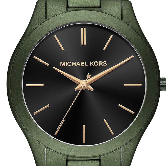 Michael Kors MK8715 black dial detail with rose gold hour markers, branding, and hands