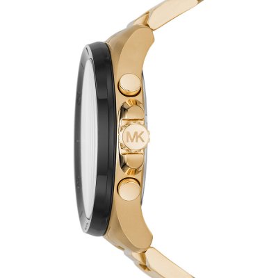 Michael Kors MK8848 Brecken side view showing gold case, black bezel, and bracelet