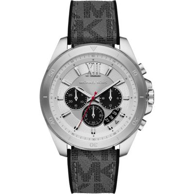 Michael Kors MK8922 chronograph watch with silver dial, black subdials, stainless steel case and black rubber strap