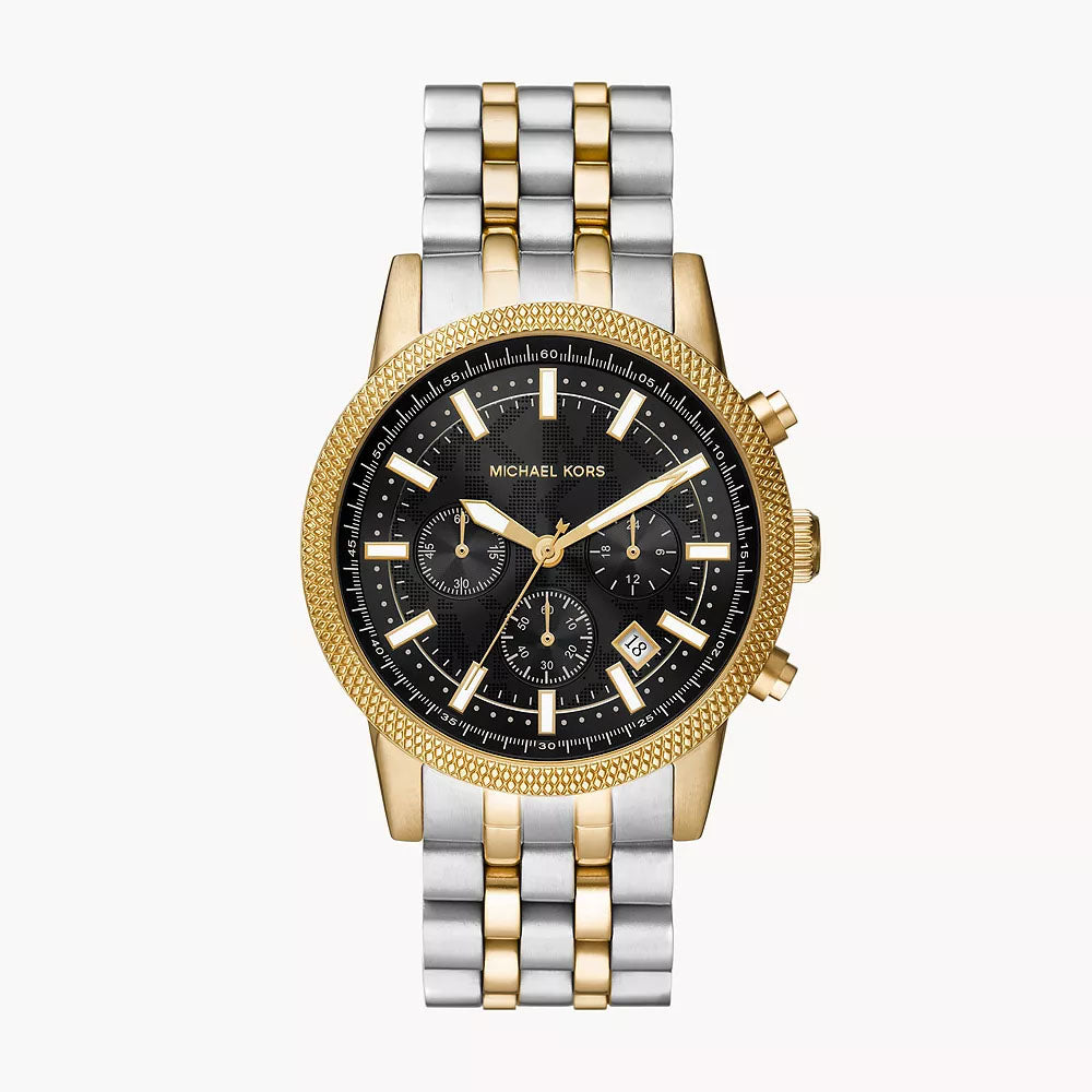 Michael Kors MK8954 two-tone chronograph watch with black dial and gold textured bezel