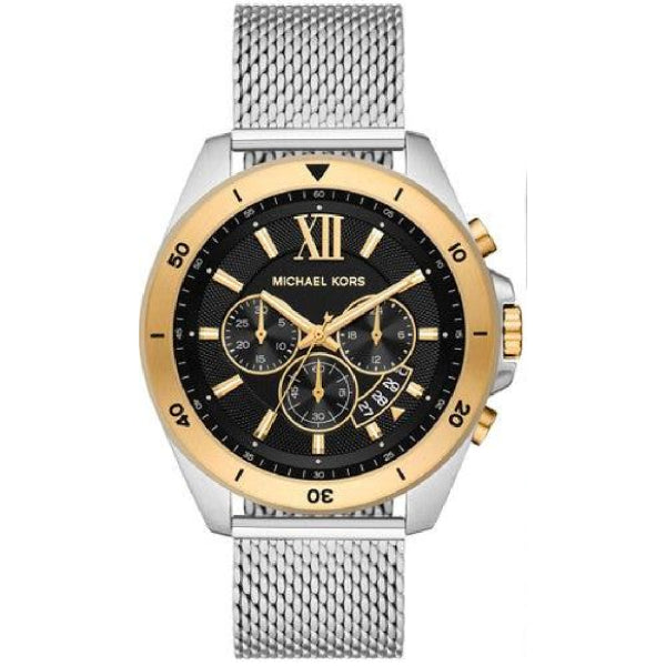 Michael Kors MK8961 Brecken men's chronograph watch with two-tone case, black dial, and mesh strap