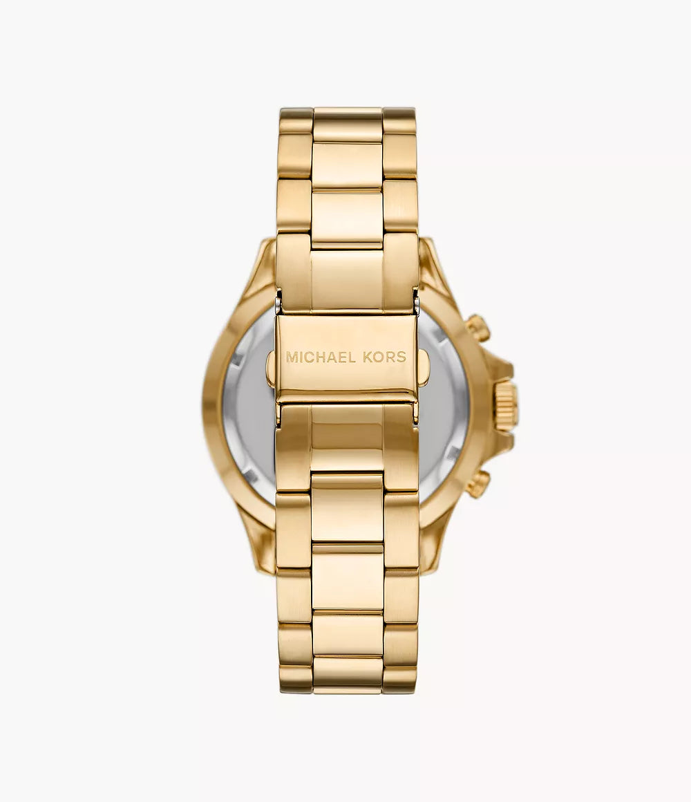 Michael Kors MK8978 watch caseback showing gold bracelet and strap