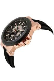 Michael Kors MK9019 three-quarter view showing rose gold case and black rubber strap