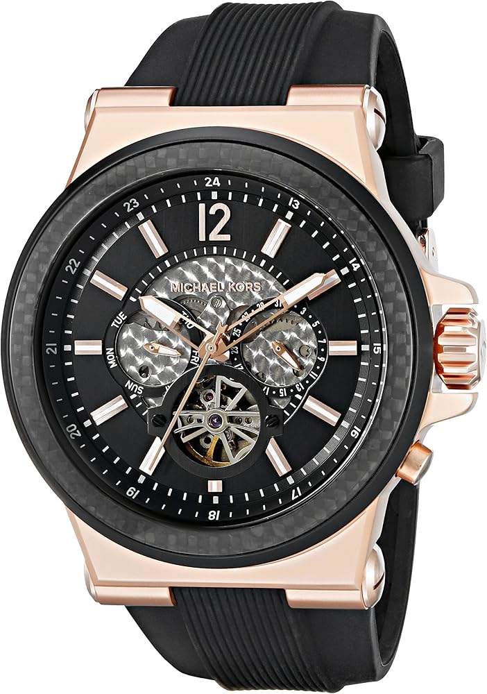 Michael Kors MK9019 rose gold automatic men's watch with black skeleton dial and black rubber strap