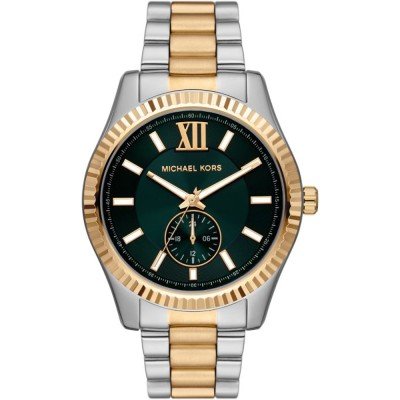 Michael Kors MK9063 Lexington watch with two-tone steel and gold case, dark green dial, and Roman numeral indices
