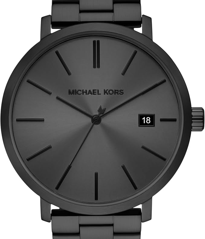 Black stainless steel watch face with minimalist hour markers and date window at 3 o'clock