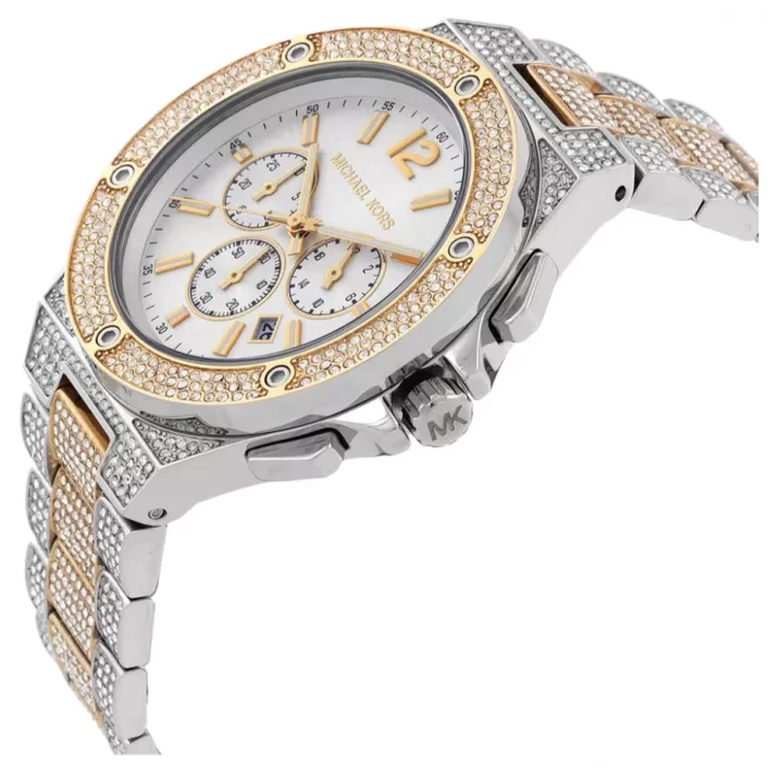 Michael Kors MK9150 two-tone chronograph watch with mixed metal bracelet, side angle view
