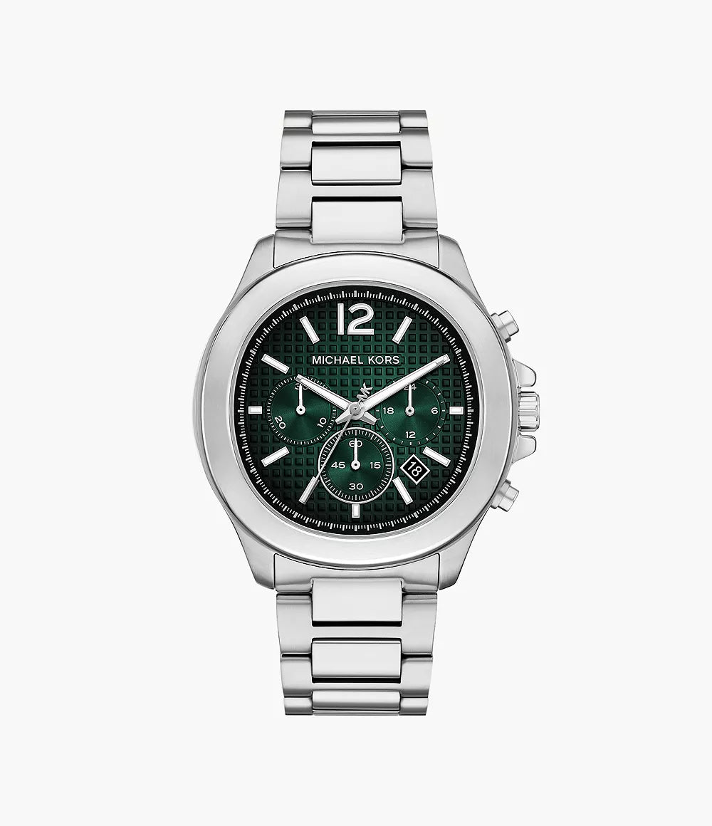 Michael Kors silver-tone chronograph watch with green dial and silver steel bracelet