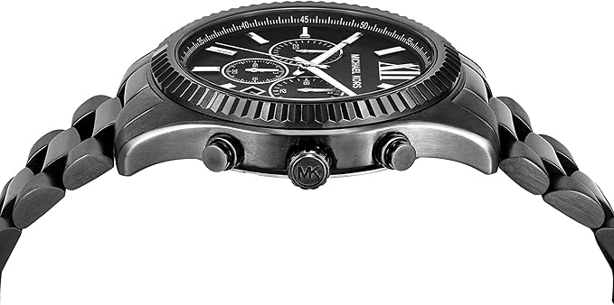 Side angle view of Michael Kors MK9217SET stainless steel chronograph watch with bracelet
